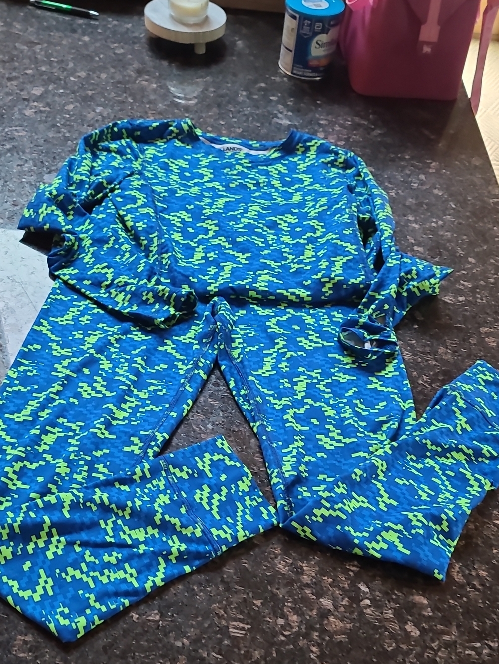 Lands' End Blue and Neon Green Pixel-Accent Top